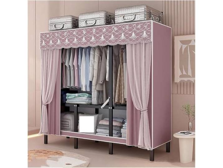 MmcdylyhEU Tragbarer, Faltbarer Kleiderschrank mit Abdeckung – L-Kleiderständer for Aufhängen von Kleidung, ideal for die Aufbewahrung im Schlafzimmer und Wohnheim(Pink,200x170x45cm)