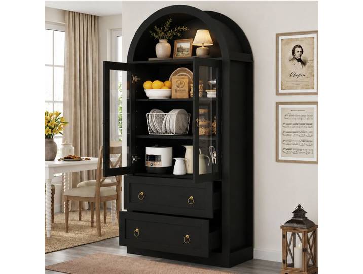 ROVRYN Vitrine haute 80 x 36 x 170 cm avec 2 portes vitrées 2 tiroirs design arche noire
