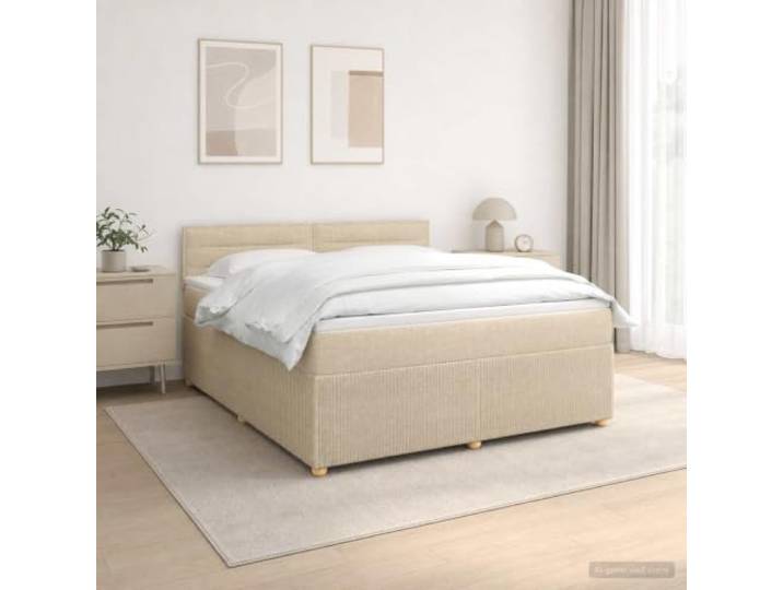 Boxspringbett mit Matratze creme 140 x 190 cm Stoff Verstellbares Kopfteil, Technikholz, Taschenfedern, USB-LED, abnehmbare Bezüge, weiße Topper, Steifigkeit
