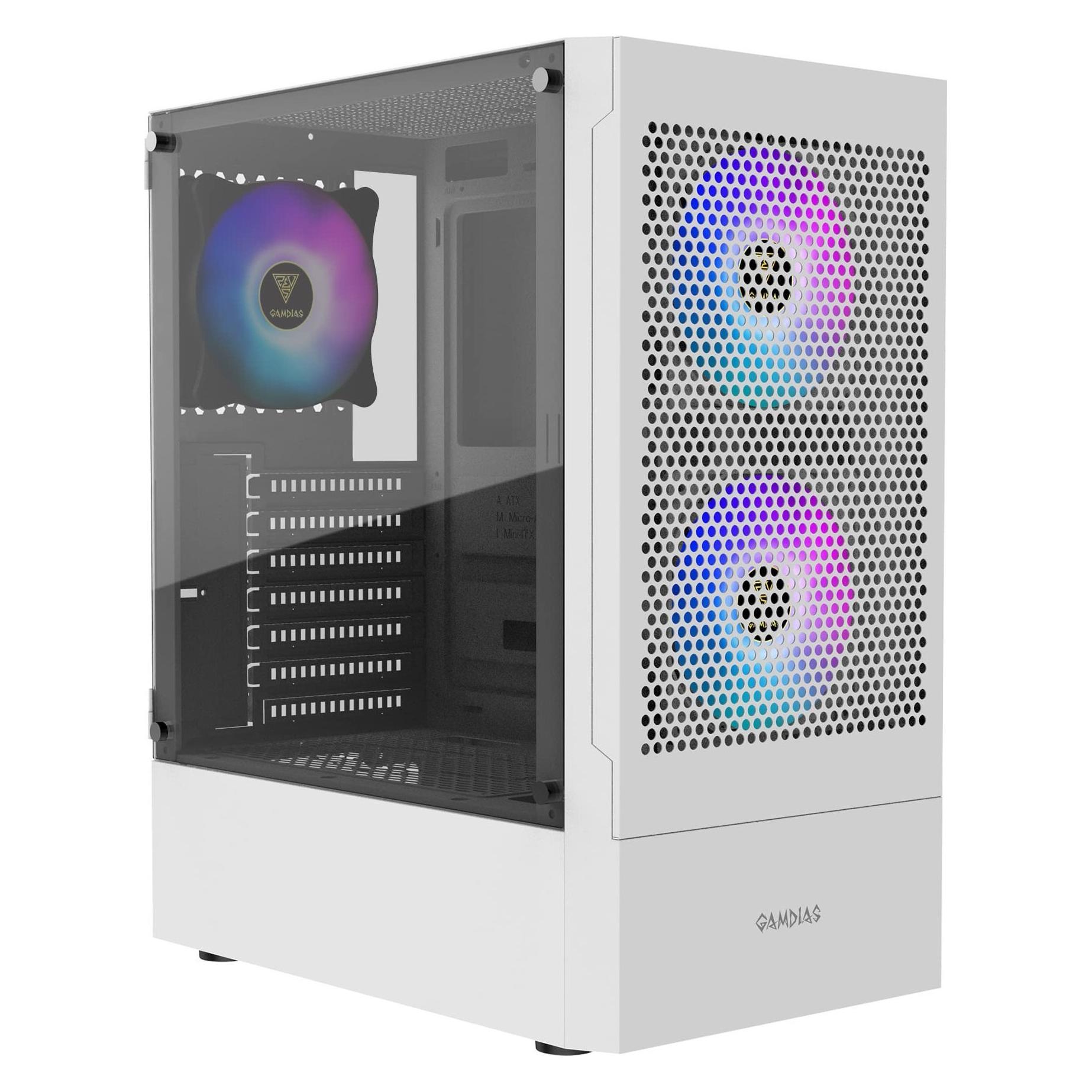 Gamdias Boitier Moyen Tour ATX Talos E3 Mesh RGB avec panneaux vitrés (Blanc) (ATX, mATX, Mini-ITX) (16332-32413-30000-G)