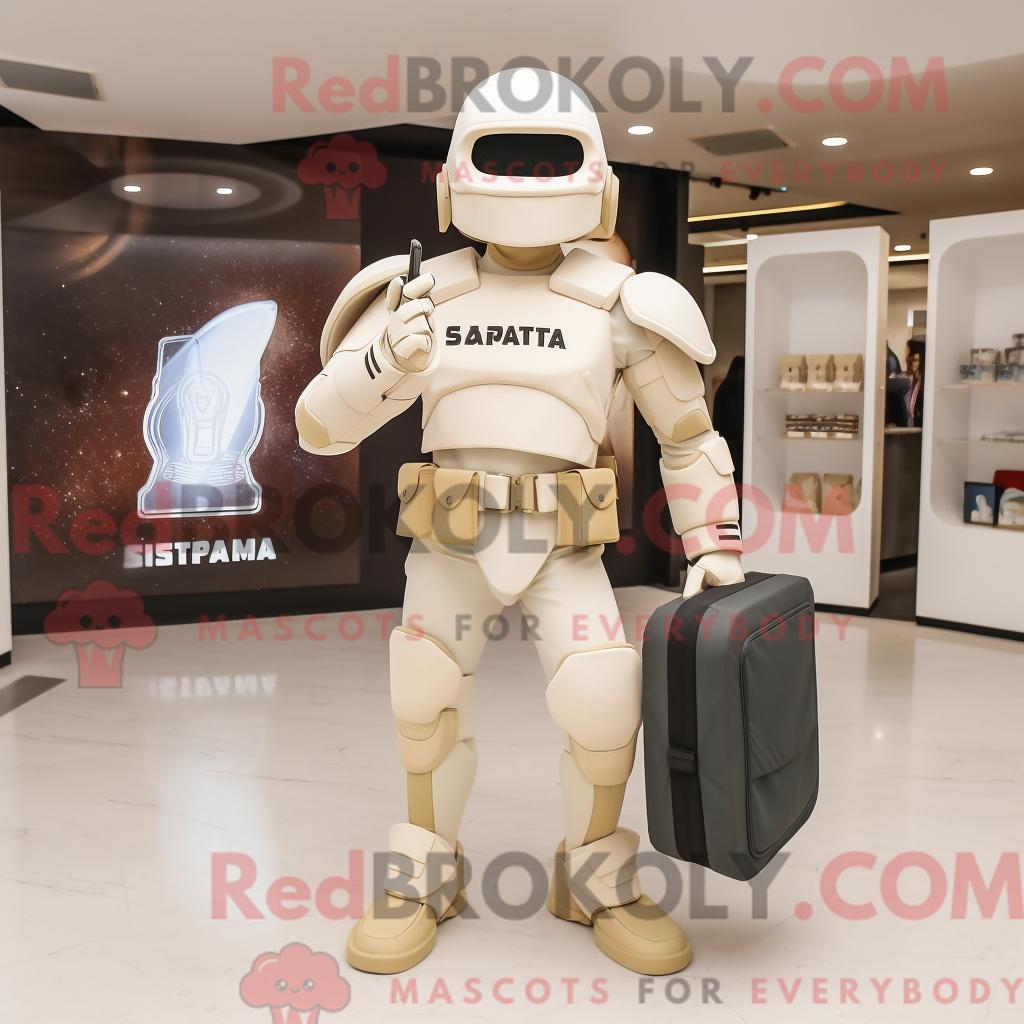 Maskottchen REDBROKOLY eines cremefarbenen spartanischen Soldaten mit Röhrenjeans und Aktentasche