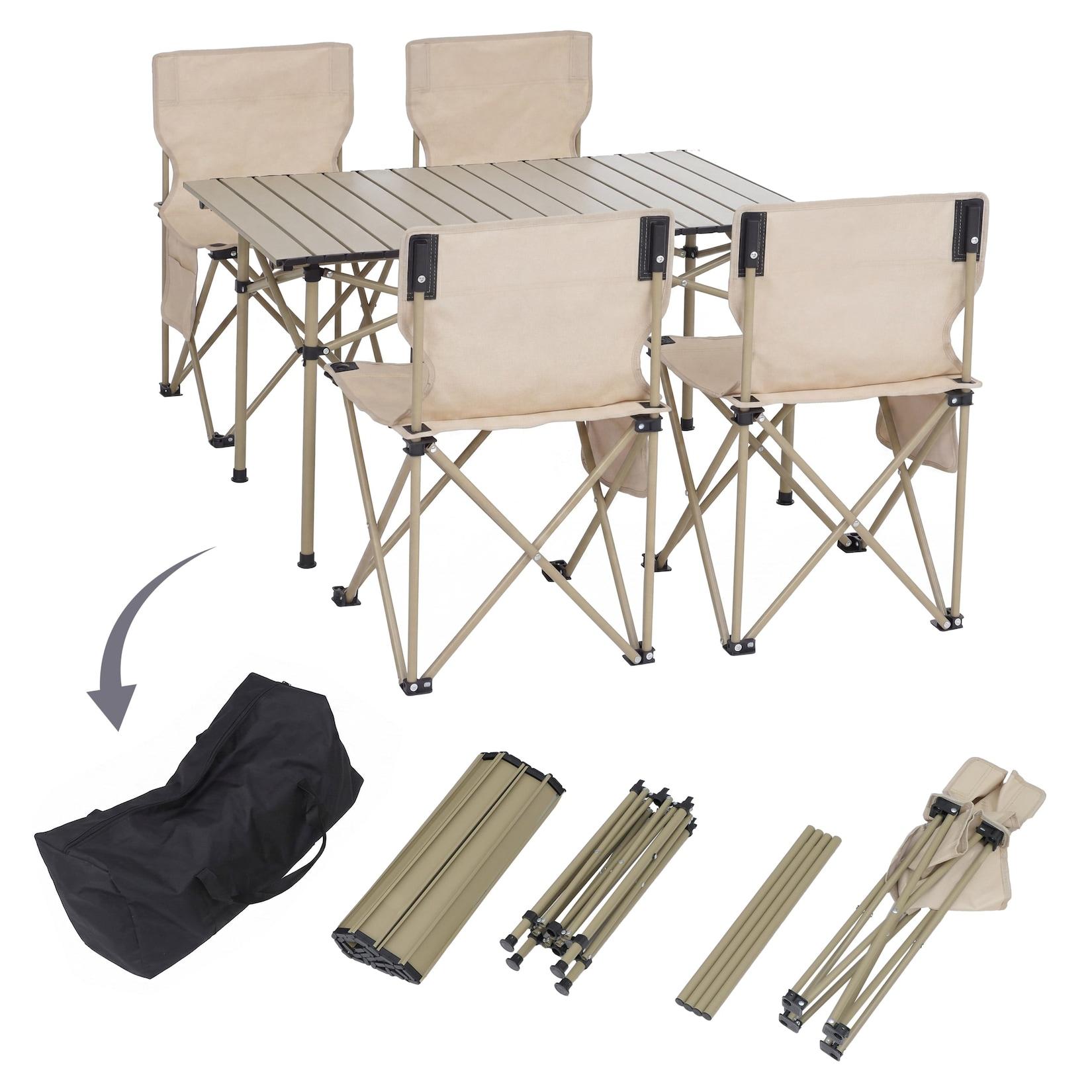 Campingset MCW-Q39, Tisch 4x Stuhl Klappstuhl Anglerstuhl faltbar, Metall Stoff ~ creme