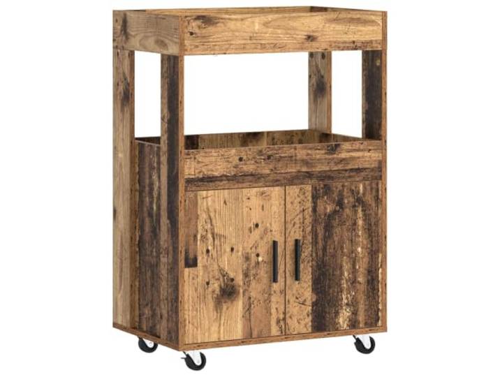 HGFDVCMR Barwagen Altholz-Optik Servierwagen mit Rollen 60x39,5x89cm Kompakter Küchenwagen für Wohnzimmer und Flur mit 2 Schranktüren, Ablagefächern und 60 kg Belastbarkeit.