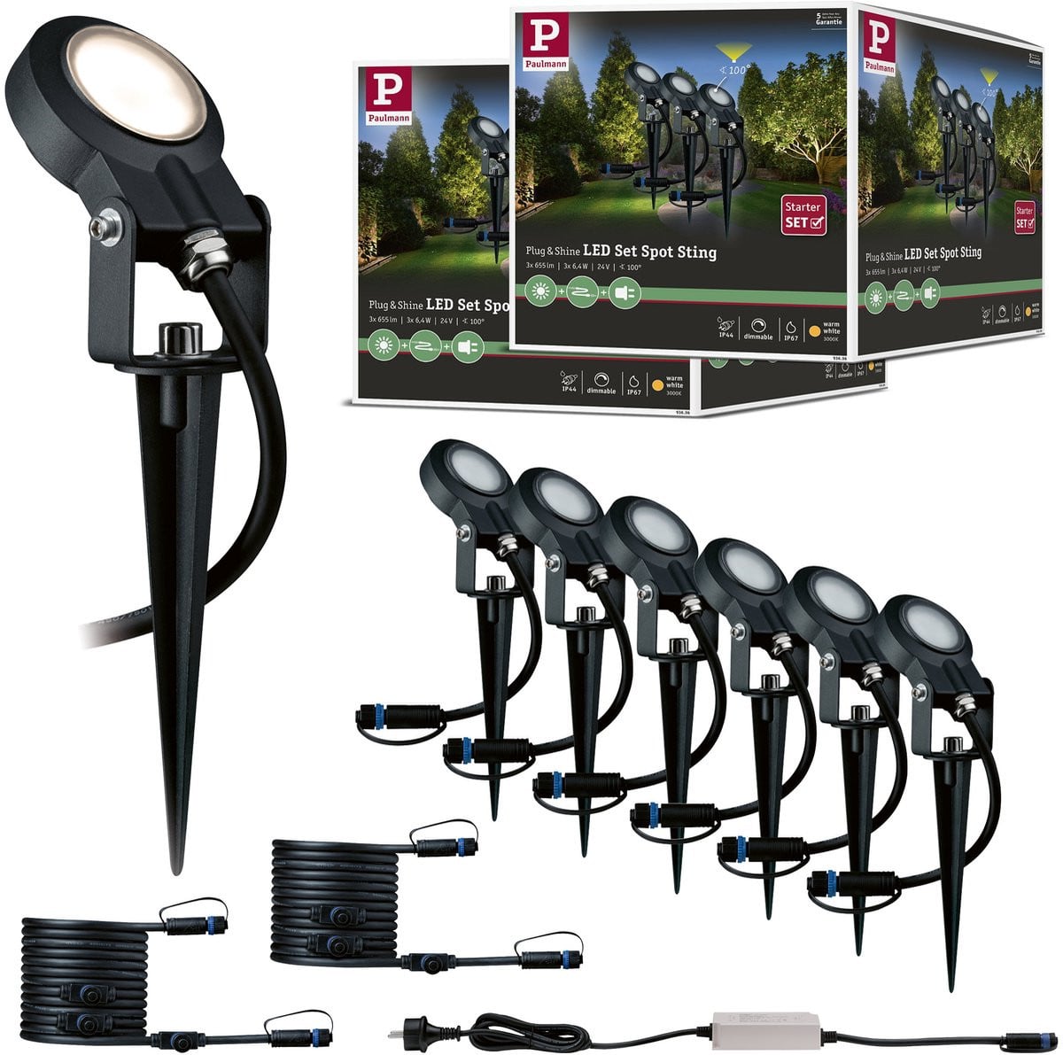 Paulmann Plug & Shine LED-tuinspots Sting Set van 6, Antraciet Aluminium, IP67, Rond, 3000K