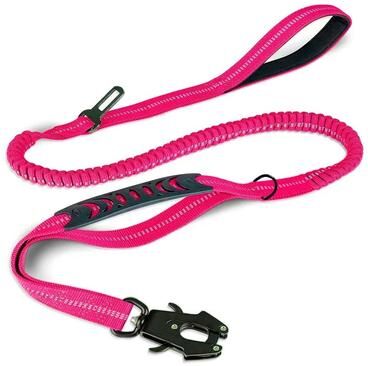 Uplift Essentials Elite Heavy Duty Tactical Bungee Dog Leash Reflective Shock Absorbing Lead With Car Seatbelt pink