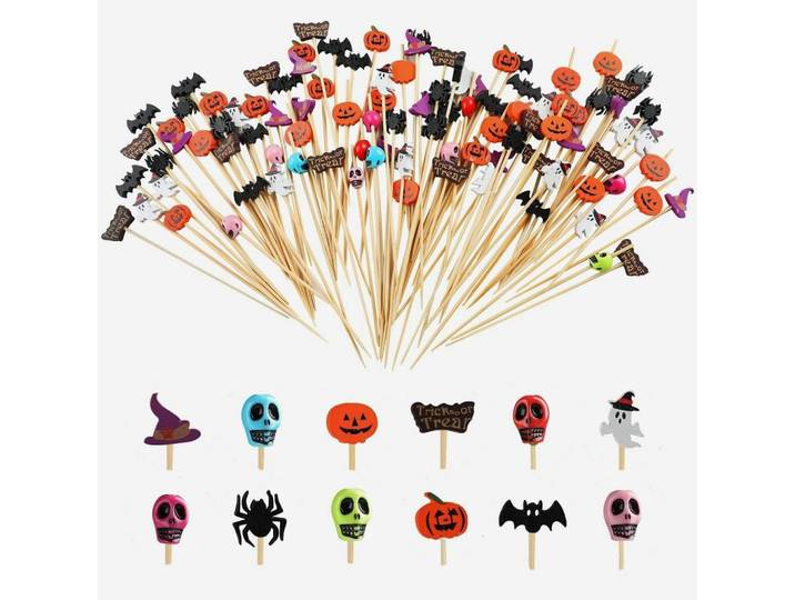 Cocktailspiesse Halloween 200-teiliges Set 12 cm Bambus Totenkopf Kürbis Geist Fledermaus, Mehrfarbig, Holz, 1x1x12 cm, Barzubehör & Weinzubehör, Barzubehör