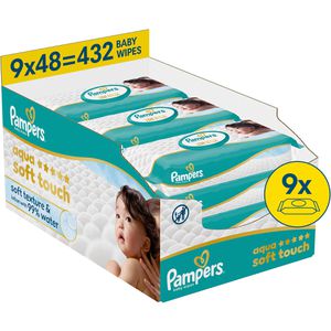 Pampers Feuchttücher Aqua Soft Touch, 432 Tücher, unparfümiert, je 48 Stück, 9 Pack