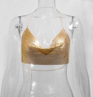 Inspire Select Metallic Halter Corset Crop Top Sexy Glitter Backless Party Tank For Women gold one Size
