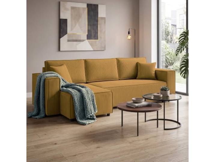 Ecksofa NEAPOL mit Schlaffunktion, Universal Ottomane, Gelb (Poso 01) ausziehbar auf Rollen, komfortable Wellenfederung, Cord Stoff