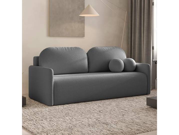Dekori Möbel Skandinavisches Sofa Malva – 3-Sitzer Stoffsofa mit runden Kissen, Modernes Nordisches Design für Wohnzimmer (Quelle 92 - Grau)