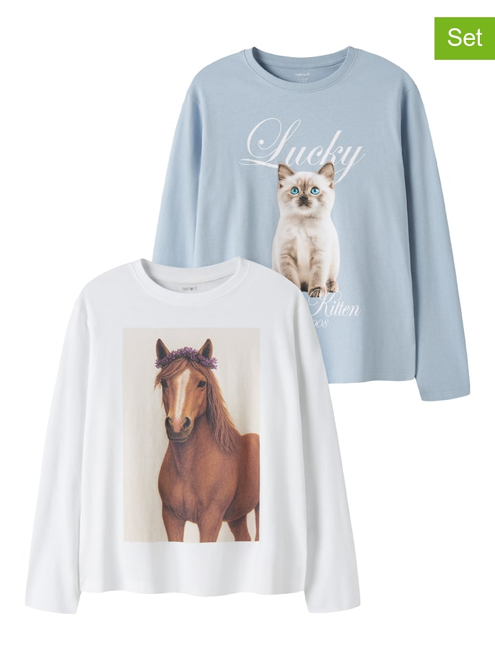 name it 2er-Set: Longsleeves ''Otea'' in Hellblau/ Weiß - 110