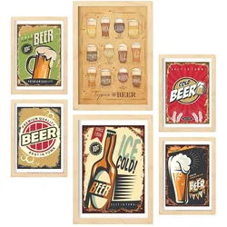 POSTER Set Mit 6 Bier Schilder Vollfarbige Illustrationen Von Kaffee & Getränken Im Werbetafel Illustrationen A3 & A4 Rahmen Aus Hellem Holz