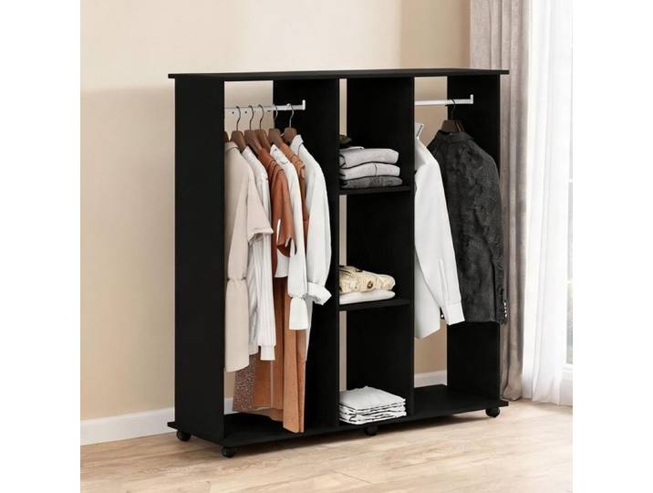 Armoire penderie ouverte noire 120x40x128 cm panneau de particules 2 barres 3 étagères 6 roues
