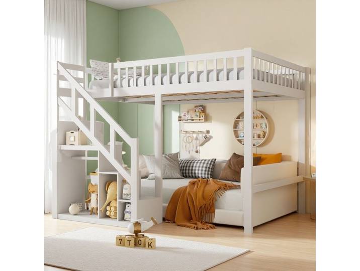 Lit Mezzanine 140x200cm Lit Enfant avec Barrière Lit Superposé avec Escaliers de Rangement Lit Combiné Lit Hauteur Enfant Blanc