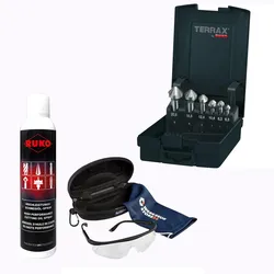 RUKO Kegel- & Entgratsenker-Satz HSS, 6tlg., 90°, DIN 335 Form C inkl. Spray & Schutzbrille - WZSA102152RO