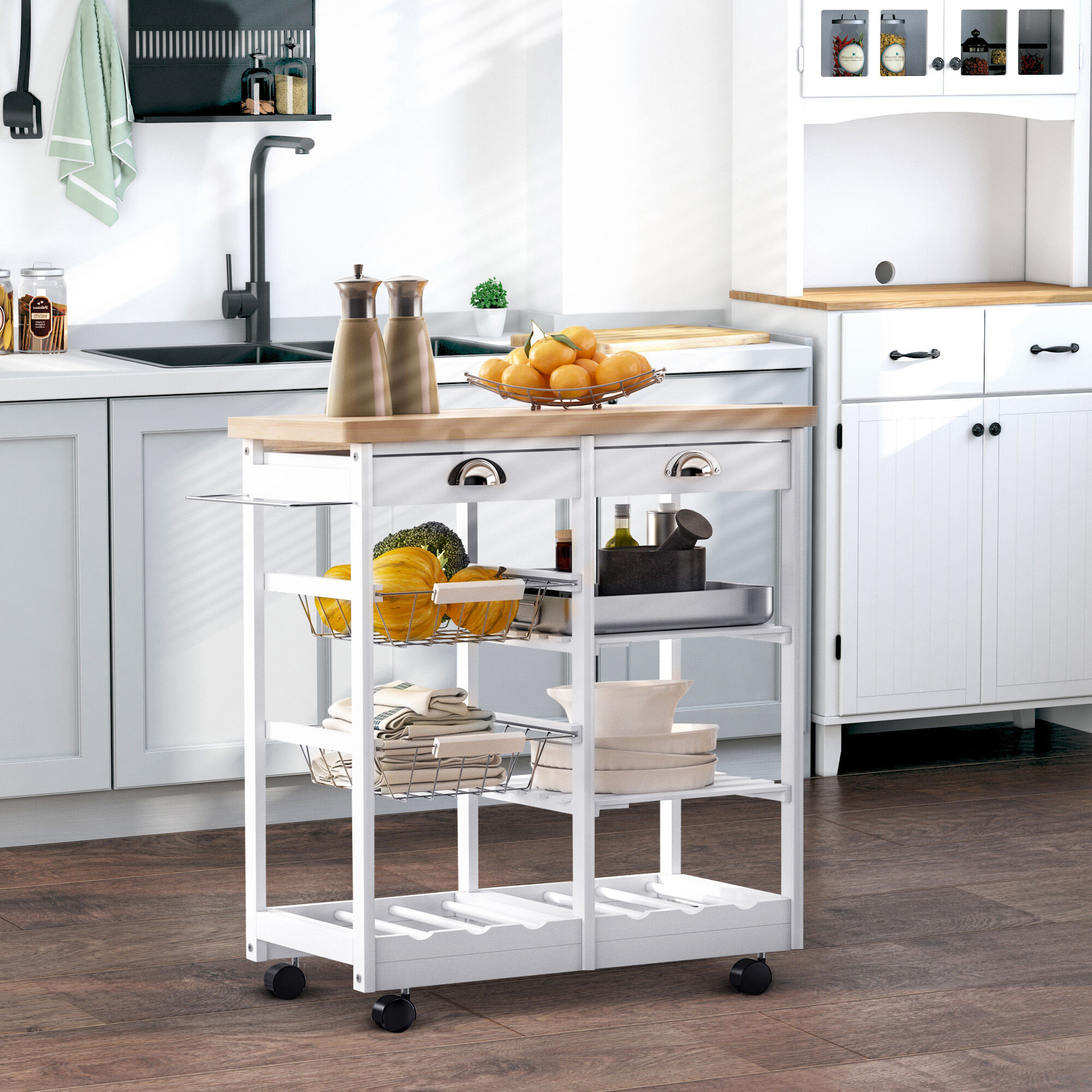 Altro Carrello Da Cucina Multiuso Con 2 Cassetti, 2 Ripiani E 2 Cesti, In Legno Di Pino, 74x37x76 Cm, Bianco