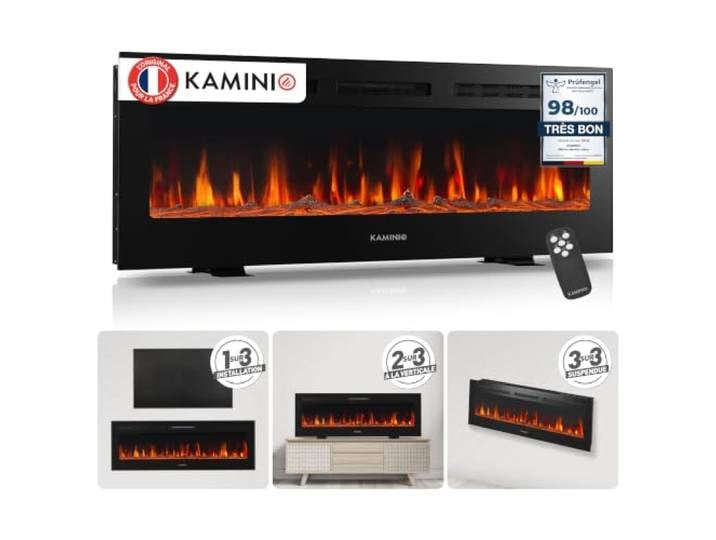 KAMINIO® Marlon Pro 50 Cheminée électrique chauffante à Effet Flamme Cheminée décorative 3 en 1 encastrable\, murale ou à poser\, LED feu 12 couleurs\, thermostat\, minuterie\, télécommande\, noir