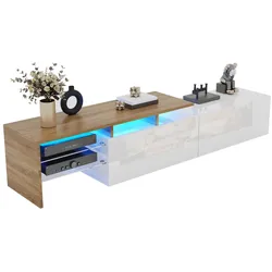 TV-Schrank 170x33x33 cm Hochglanz Weiß mit Holzoptik, 16-Farbige LED-Beleuchtung, Stauraum und Glasregalen