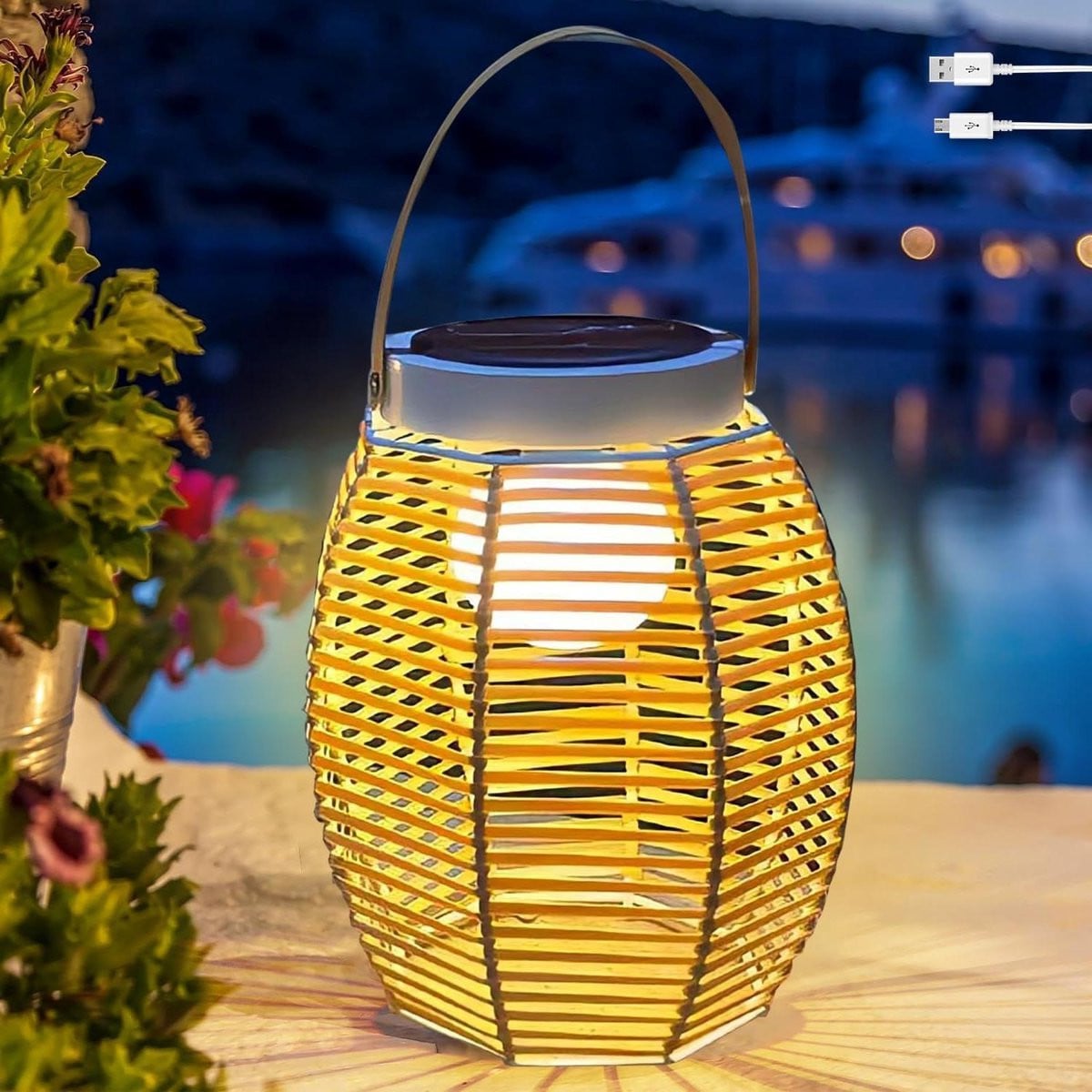 Handgemaakte Rotan Zonnelamp Lantaarn met LED voor Tuin en Terras - Natuurlijk