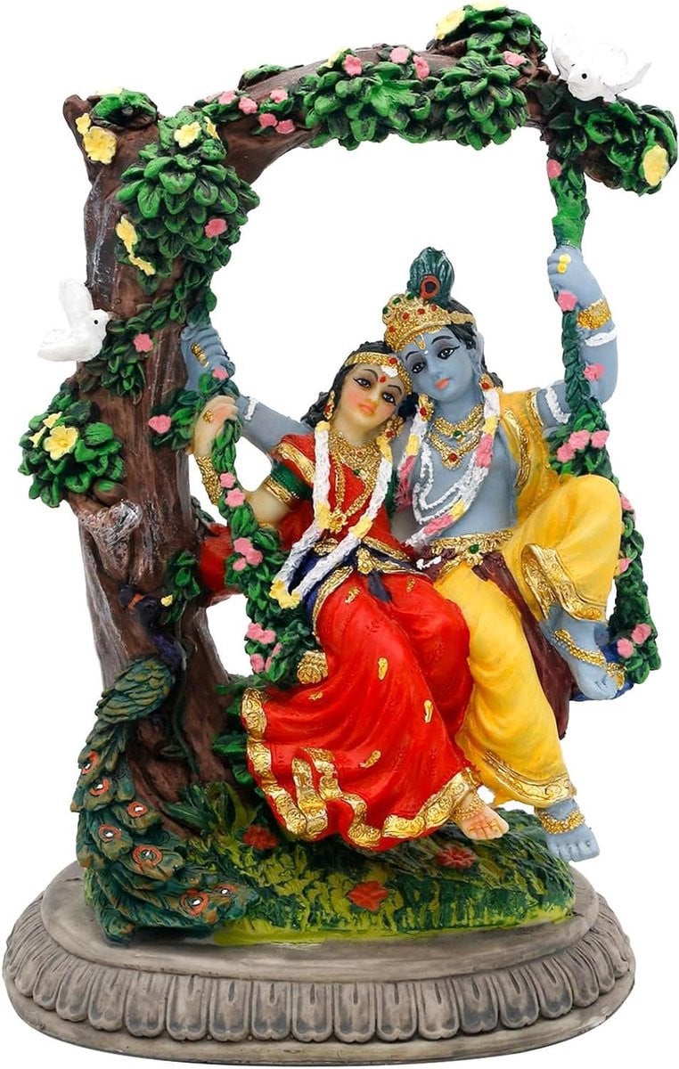 Handgeschilderd Radha Krishna standbeeld - Hindoe God Idool - Meerkleurig - Hoogte: 15 cm