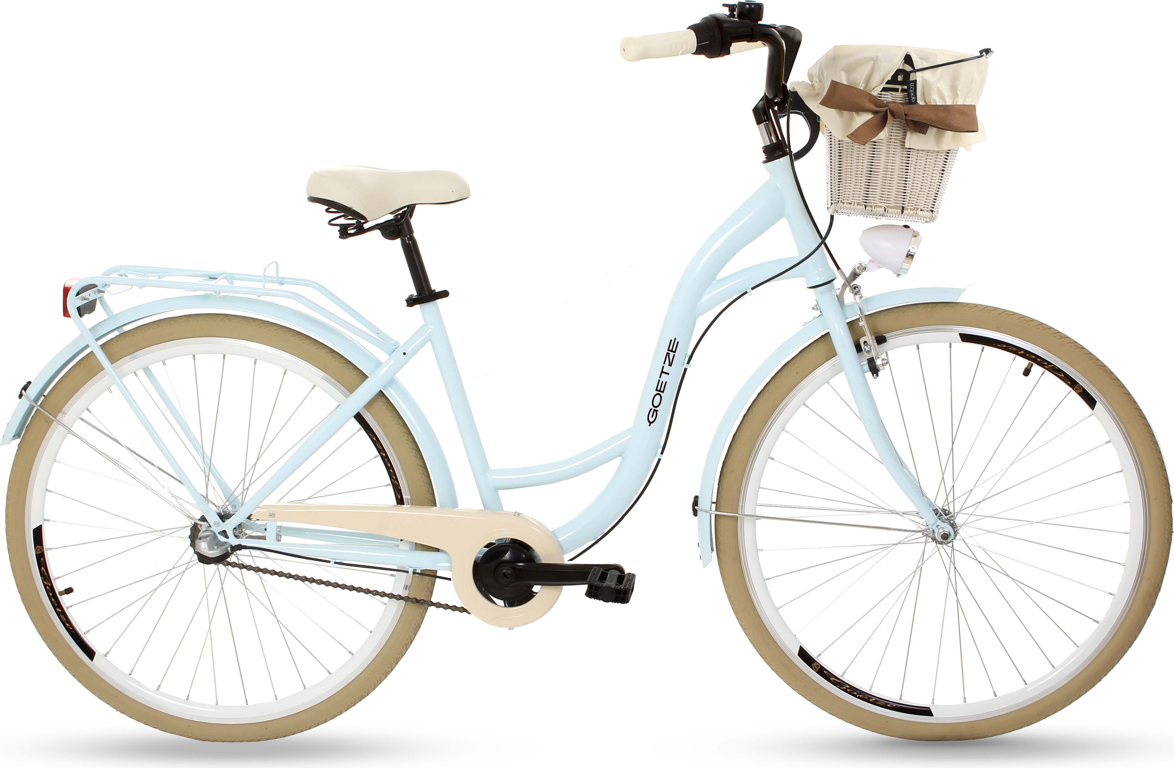 Goetze Style 28 Zoll City Bike, 18 Zoll Tiefeinsteigerrahmen, 3-Gang Shimano Nexus, V-Bremse & Rücktritt, LED-Beleuchtung, Komfortsattel, Rattankorb