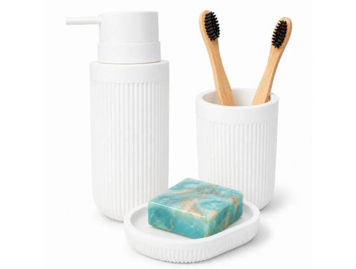 Accessoires de Salle de Bain Relaxdays\, 3 pièces\, Porte-Savon\, Distributeur de Savon\, gobelet à Dents\, polyrésine\, Blanc