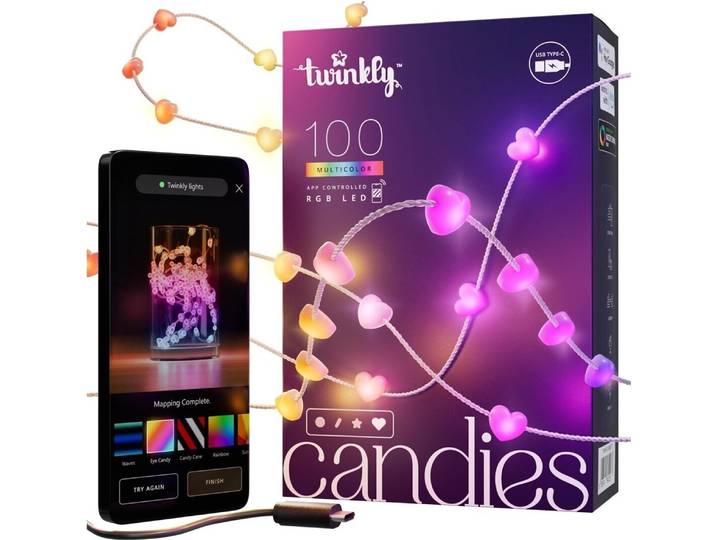Twinkly Candies – 100 lumières LED RGB en forme de cœur. Câble transparent. USB-C