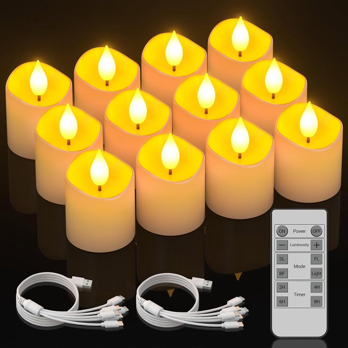 SnelShoppen 12 stuks oplaadbare LED teelichtjes met timer en afstandsbediening - warm wit met flikkerende vlam