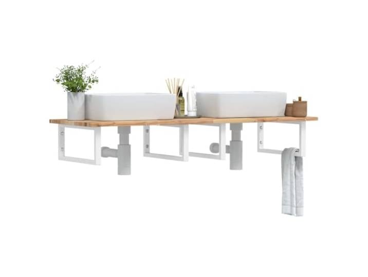KTHLBRH Waschbeckenregal Wandmontage Stahl Akazienholz Schweberegal Stahlhalterung, massive Akazienholzplatte, flexible Positionierung, Handtuchaufhängung, moderne Optik