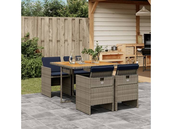 vidaXL 5-teiliges Garten-Ess-Set mit Kissen, grau, Polyrattan