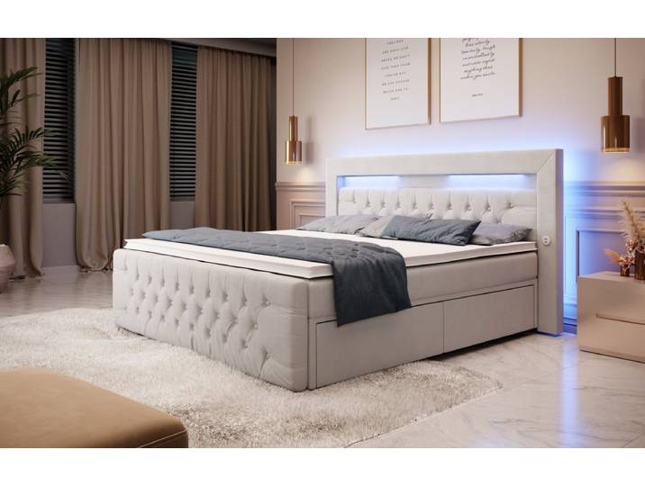 Boxspringbett Sunshine mit indirekter Beleuchtung, USB und Stauraum - 160x200 - Weiß - H4 (100kg+) - Luxusbetten24