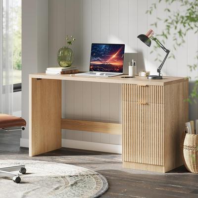 Garvee 60in Modern Fluted Executive Desk with Storage Cabinet Wood Home Office Desk Natural Oak