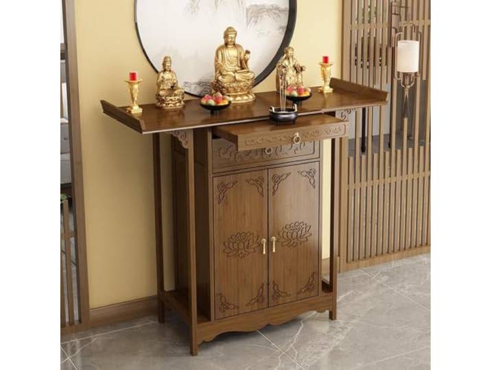 Buddhistischer Altartisch mit Schublade, Schrank für Meditation und Gebete Bambus Altarschrank mit Stauraum für Zuhause, Meditationsständer mit geschnitztem Lotus-Muster für Opfergaben