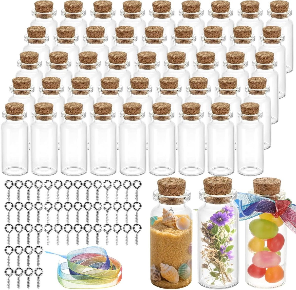 Set van 48 transparante mini glazen flesjes met kurk voor kleine opslag
