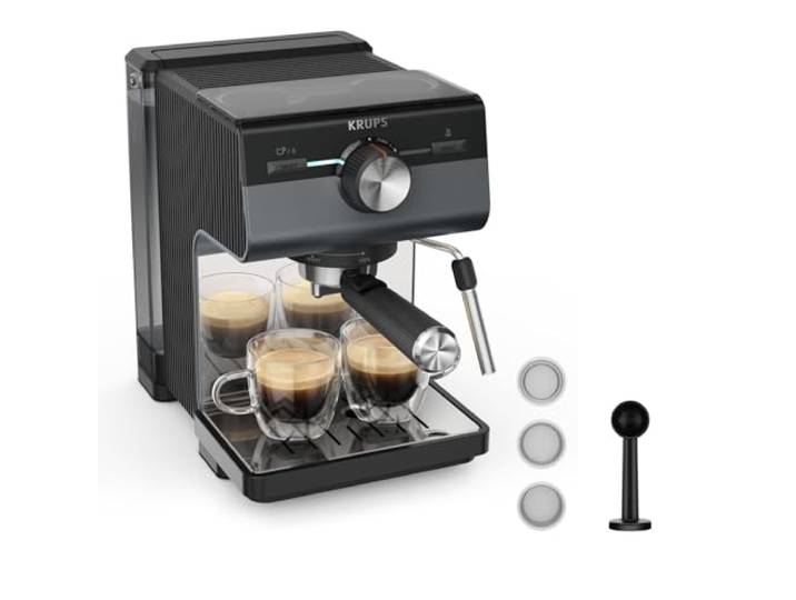 Krups Authentic+ Espresso-Siebträgermaschine, 15 bar, intuitive Bedienung, raffiniertes Design, Dampfdüse, inkl. umfangreichem Zubehör, Bullet Dark Silver/Edelstahl, XP384G10