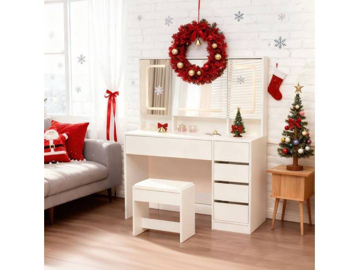 Coiffeuse KIMFEAD Blanche avec Tabouret et Miroir LED Table de Maquillage Moderne Bureau Beauté Design Épuré Grand Rangement