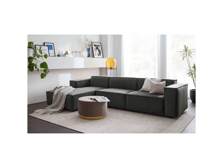 Ecksofa mit Longchair Grau/Grau Samt Shyla 294cm Longchair davorstehend links Keine Funktion Glamour