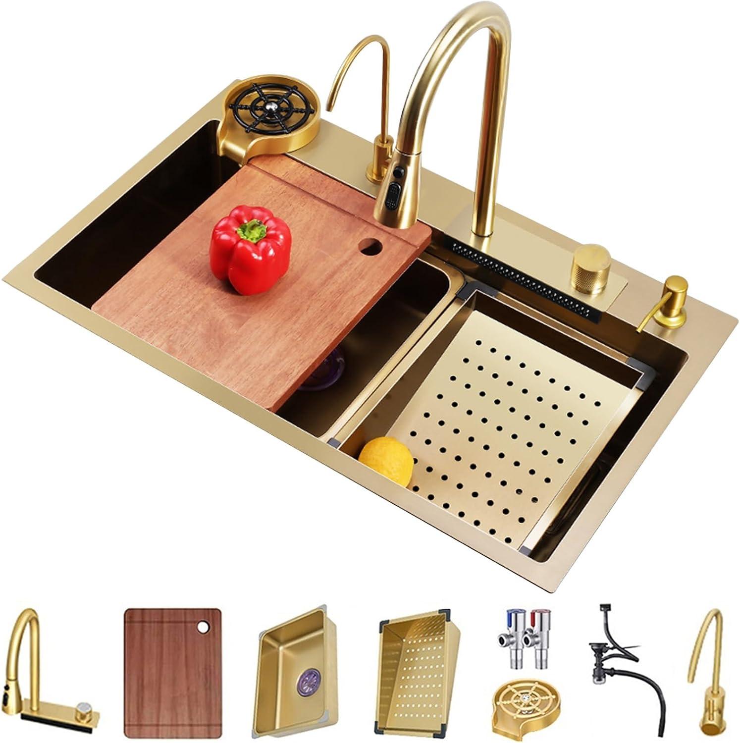 Gold Edelstahl Nano Spüle Mit Wasserfall Wasserhahn Set Workstation Spüle Mit Cup Waschmaschine, Abnehmbares Becken, Schneidebrett (Color: Gold, S: 75x45x22cm)
