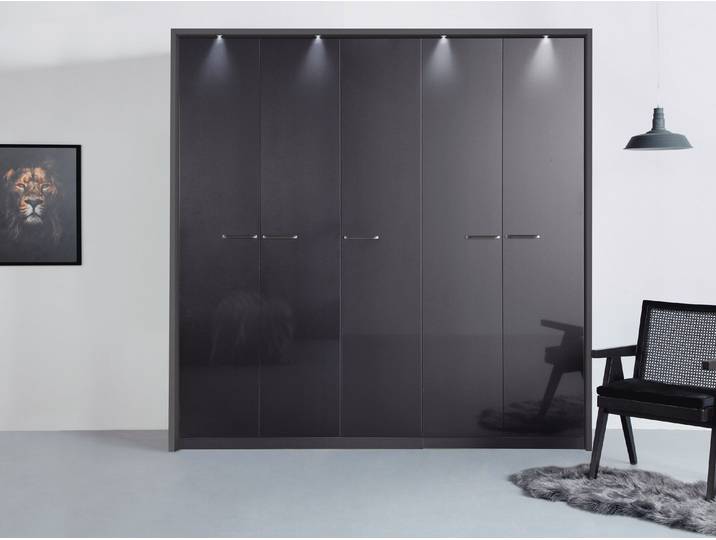 Drehtürenschrank, Grau, 230x231x58 cm, Holzwerkstoff, 5 Türen & Beleuchtung, Modern, Rauch