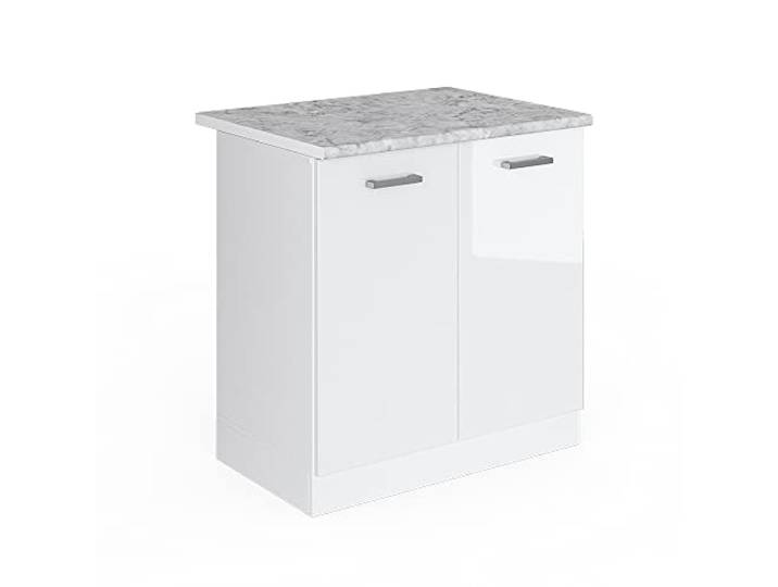 Vicco Spülenunterschrank R-Line, Weiß Hochglanz, 80 cm 2 Türen · Arbeitsplatte Marmor · Höhenverst. Füße · Großer Innenraum · Frei kombinierbar