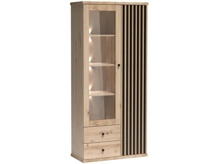 Beautysofa Vitrine Caya mit zwei Türen, zwei Schubladen und LED-Beleuchtung, Eiche Artisan, 2 Schubladen, 86x191x41 cm, Esszimmer, Vitrinen, Vitrinenschränke
