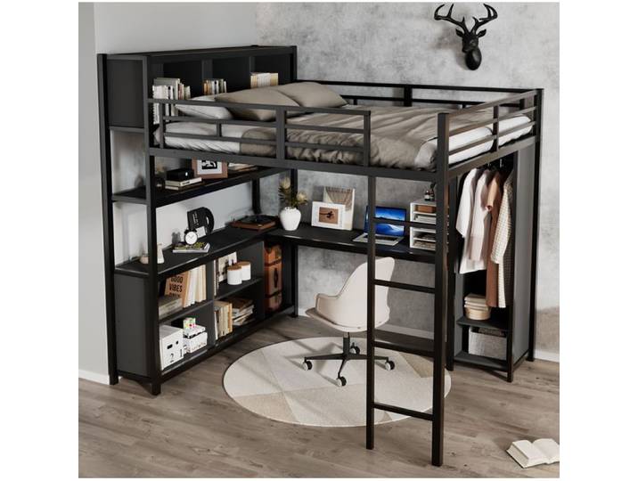 HOMVRA Lit mezzanine en métal 140x200 cm noir avec bureau intégré rangement et placard
