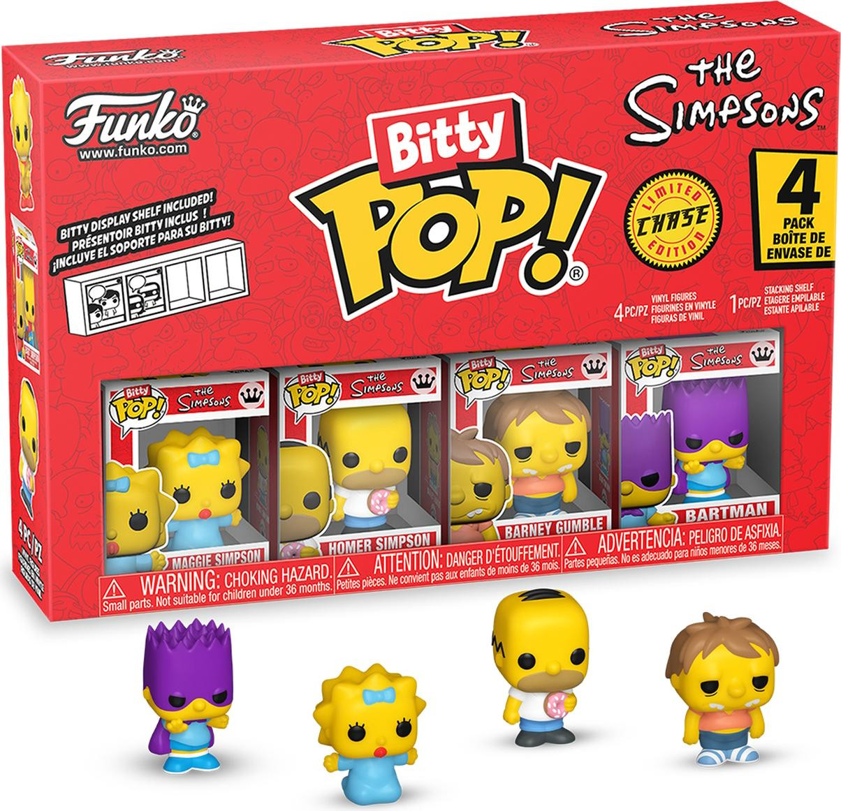 Funko Pop! The Simpsons Maggie, Homer, Barney en Bartman Bitty Pop! set