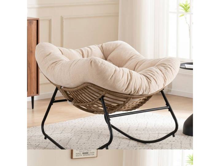 Fauteuil à Bascule en Chenille - 95x107x83 cm - Chaise Berçante Ergonomique Cadre Métal Détente Salon Chambre - Beige