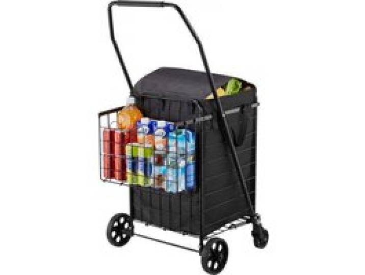 VEVOR Chariot de courses pliable avec 2 paniers, chariot de supermarché avec roulettes et doublure étanche, charge 45,3 kg, capacité totale 74 L, panier à linge robuste pour camping, épicerie, bagages