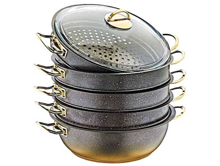 Dampfkocher, Dampfkochtopf, Mantowarka mit Granit-Beschichtung 7 Liter 32cm Durchmesser Keramik Design Kochtopf