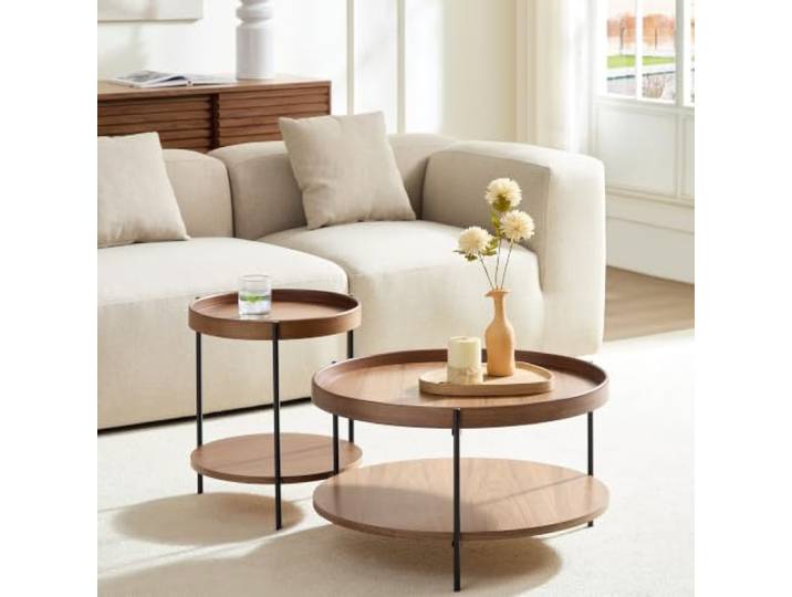 Modern 2-Tier Round Coffee Table, Nordic Style MDF with Real Wood Veneer Tray Center Table, Sturdy Metal Frame Coffee Table for Living Room (Walnut)