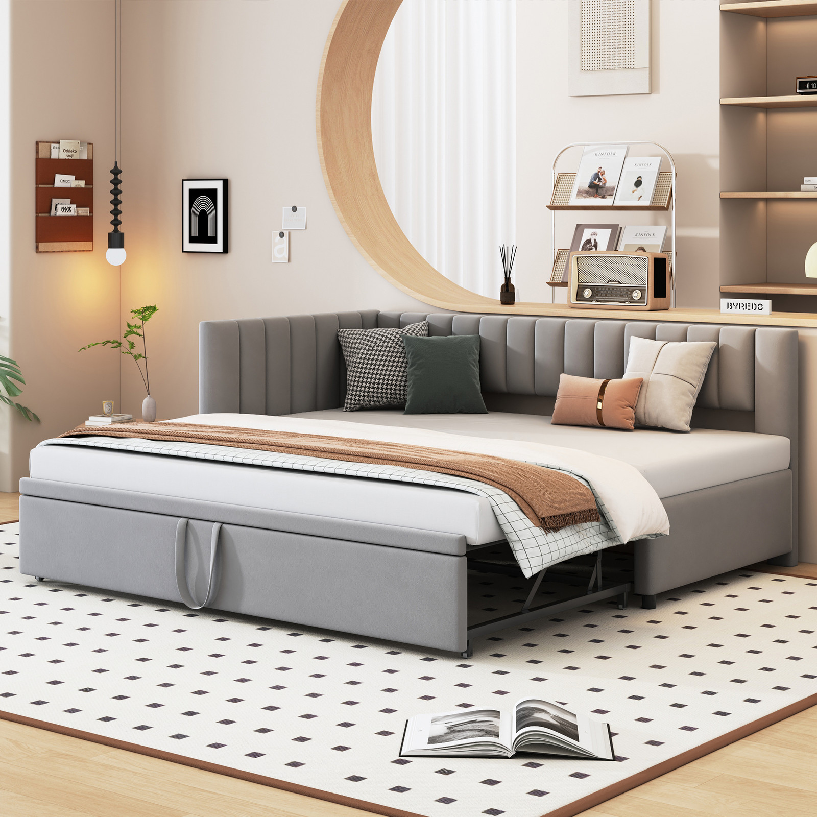 Flieks multifunctionele slaapbank met uittrekbaar bed en lattenbodem, grijs fluweel, 90 x 200 cm