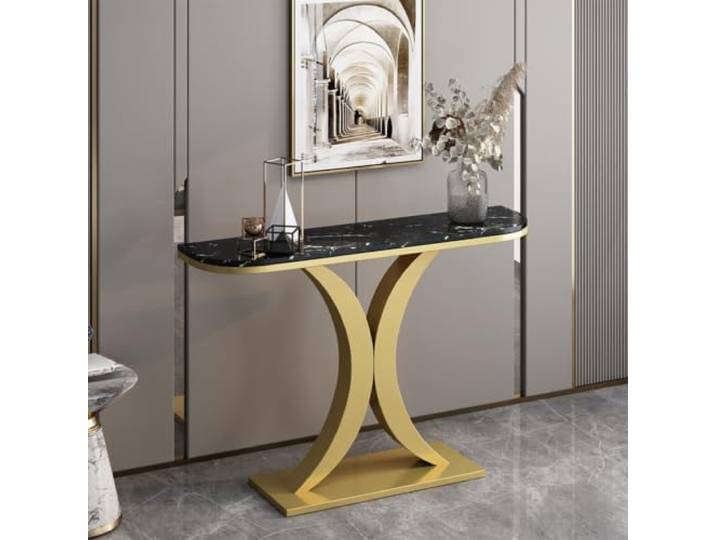 Moderner Konsolentisch Für Flur, Schmaler Sofatisch Mit Metallrahmen Robuster Metallrahmen, Schmaler Flurtisch, Kratzfeste Tischplatte, Einfache Montage(GoldB,120cmW*30cmD*80cmH)