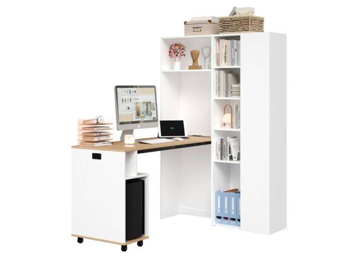 Bureau d angle avec rangement style scandinave 139x50cm bureau d'angle roulettes multiprise USB bibliothèque haute et étagères